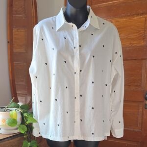 SeaSon Boxy White W/ Navy/Black Heart Print Button Up Cotton Blouse Medium